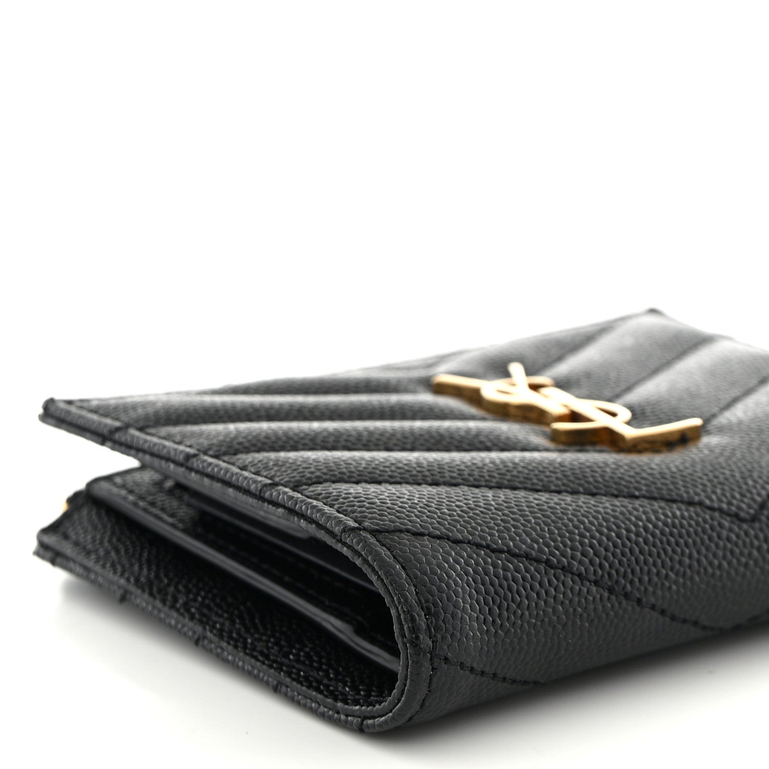 Saint Laurent Grain De Poudre Matelasse Chevron Monogram Zipped Card Case Black 9 of 11