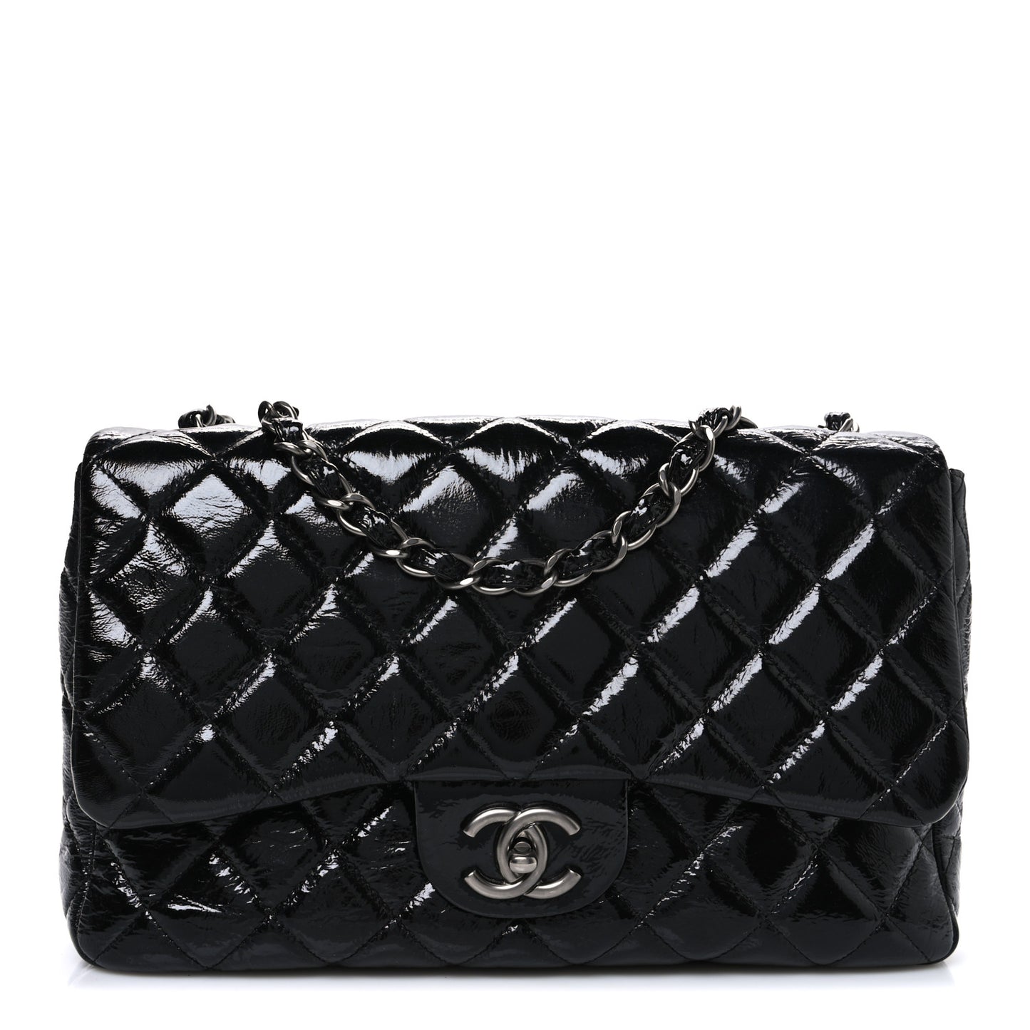 Crinkled Patent Quilted Jumbo Single Flap Black
