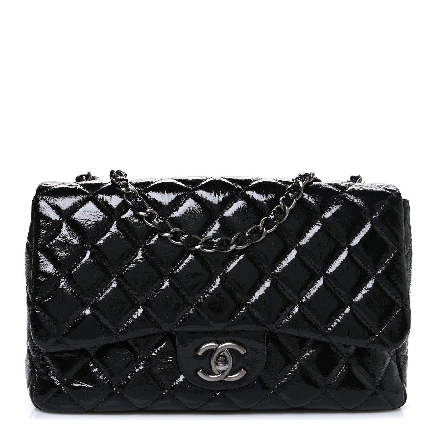 Chanel Crinkled Patent Quilted Jumbo Single Flap Black 1 of 9