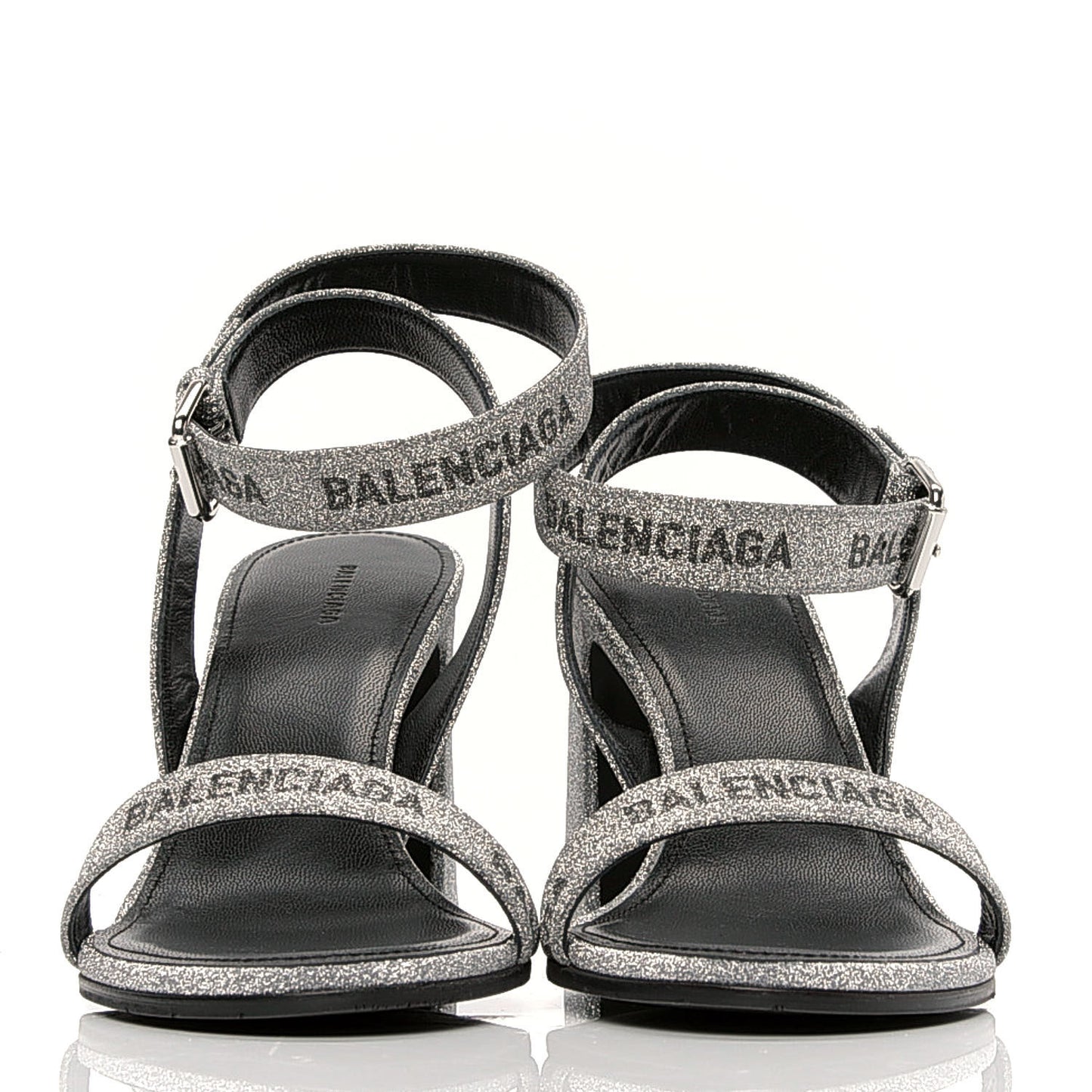 Glitter Allover Logo Ankle Strap Round Heel 80mm Sandals 37.5 Silver Black
