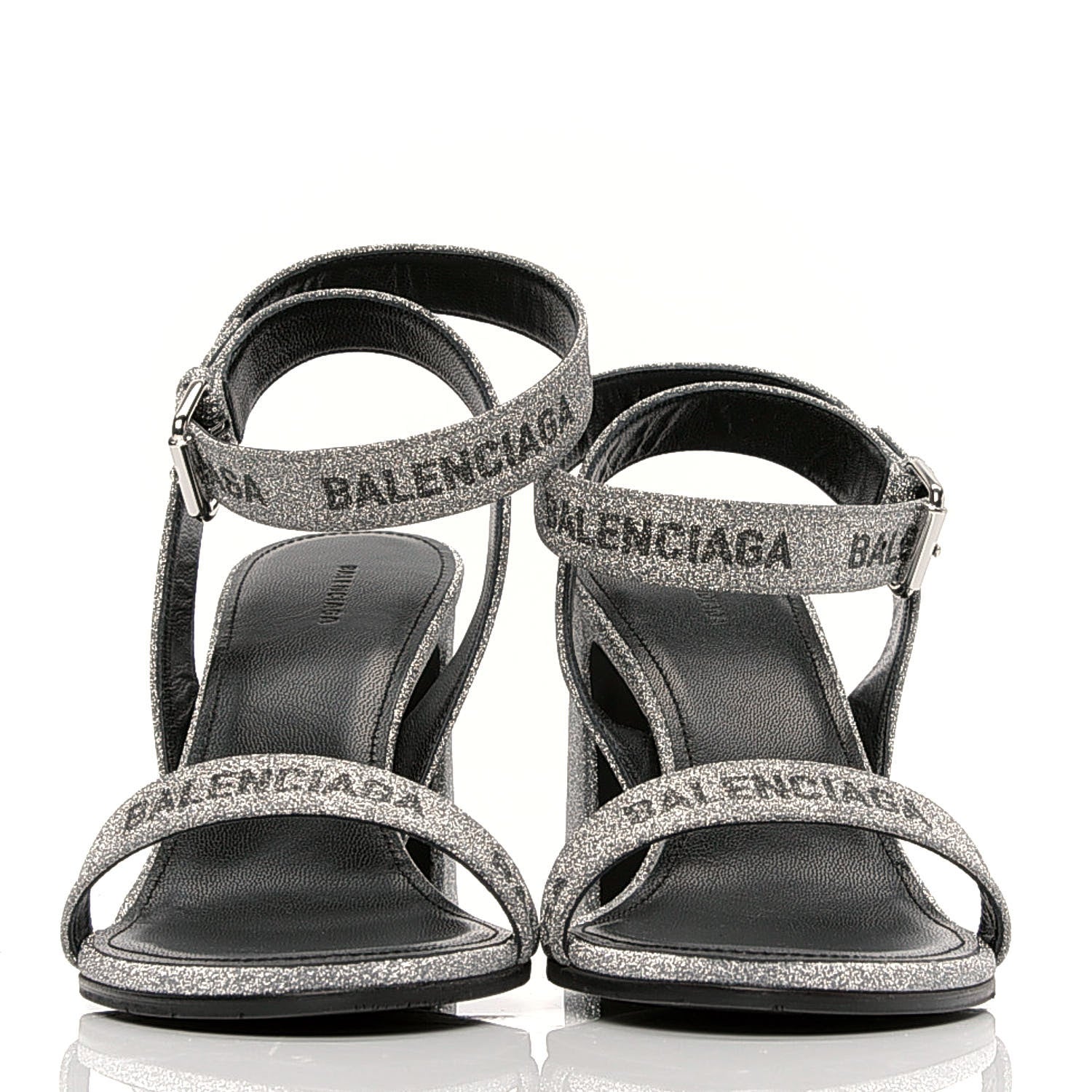 Balenciaga Glitter Allover Logo Ankle Strap Round Heel 80mm Sandals 37.5 Silver Black 2 of 6