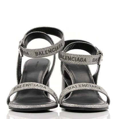 Balenciaga Glitter Allover Logo Ankle Strap Round Heel 80mm Sandals 37.5 Silver Black 2 of 6