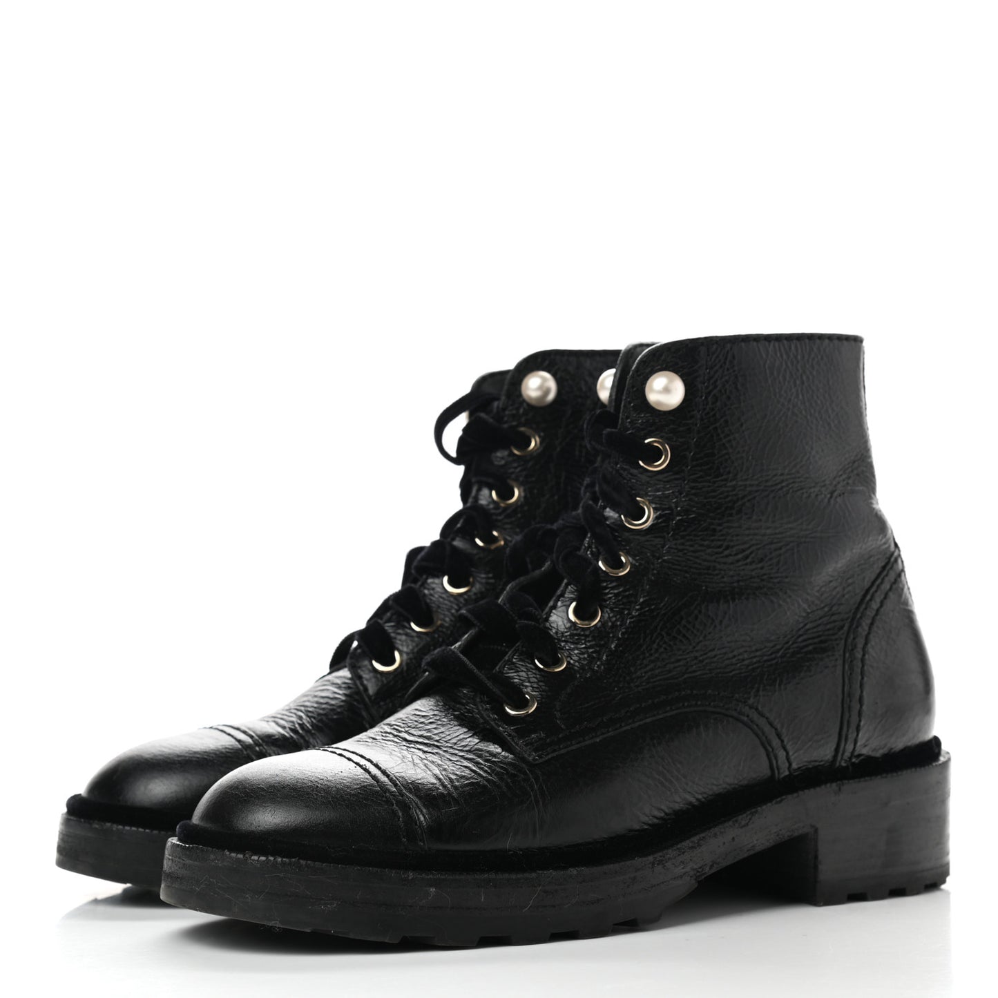 Shiny Calfskin Velvet Pearl Combat Short Boots 38.5 Black