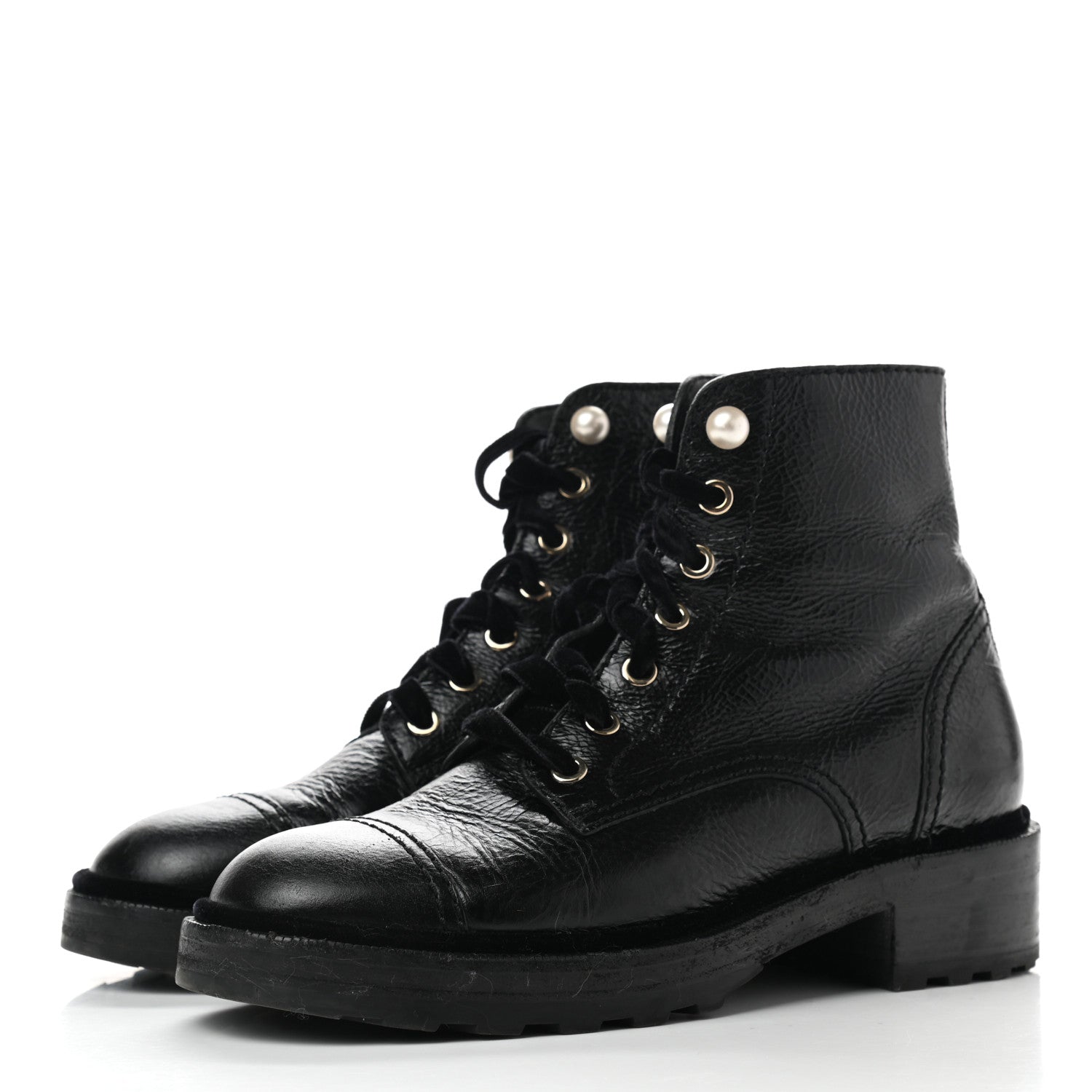 Chanel Shiny Calfskin Velvet Pearl Combat Short Boots 38.5 Black 3 of 9