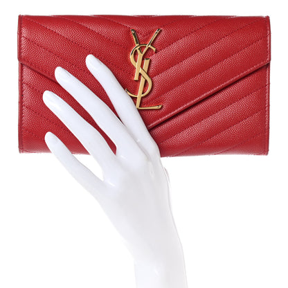 Saint Laurent Grain De Poudre Matelasse Chevron Monogram Flap Wallet Red 2 of 12