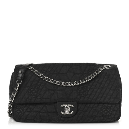 Chanel Denim Camellia Embroidered Large Flap Black 1 of 9