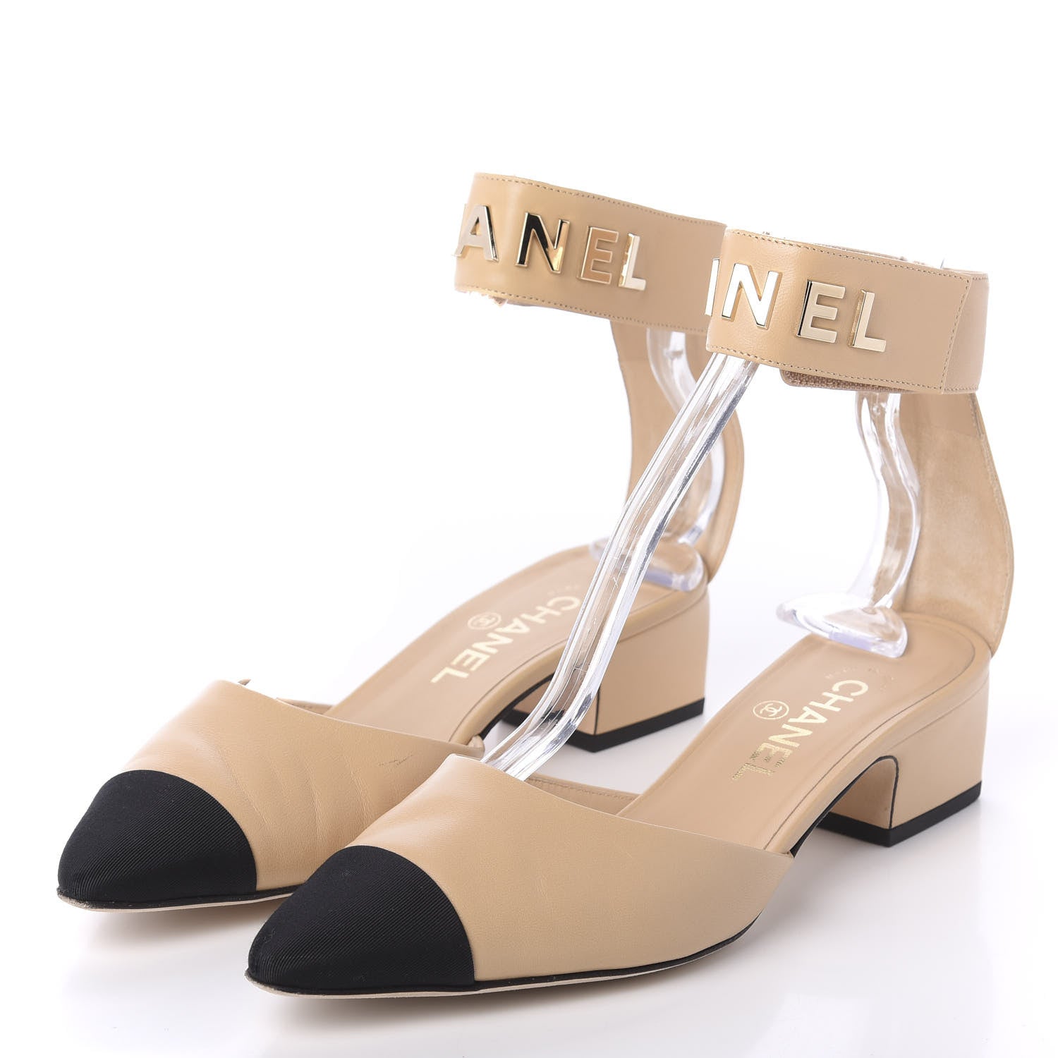 Chanel Lambskin Grosgrain Cap Toe Logo Ankle Strap Pumps 38 Beige Black 3 of 10