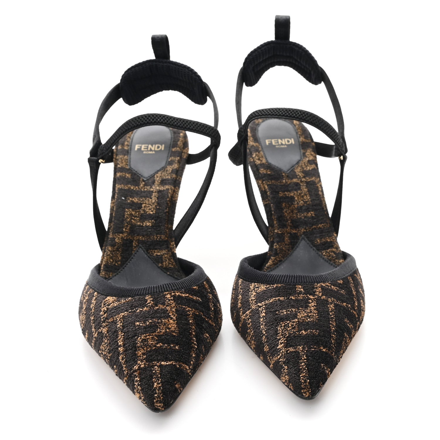 Fendi Fabric Jacquard FF Colibri Lite 85mm Slingback Pumps 40 Tobacco Black 3 of 9