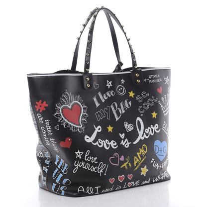 Dolce & Gabbana Calfskin Graffiti Printed Tote Black 3 of 11