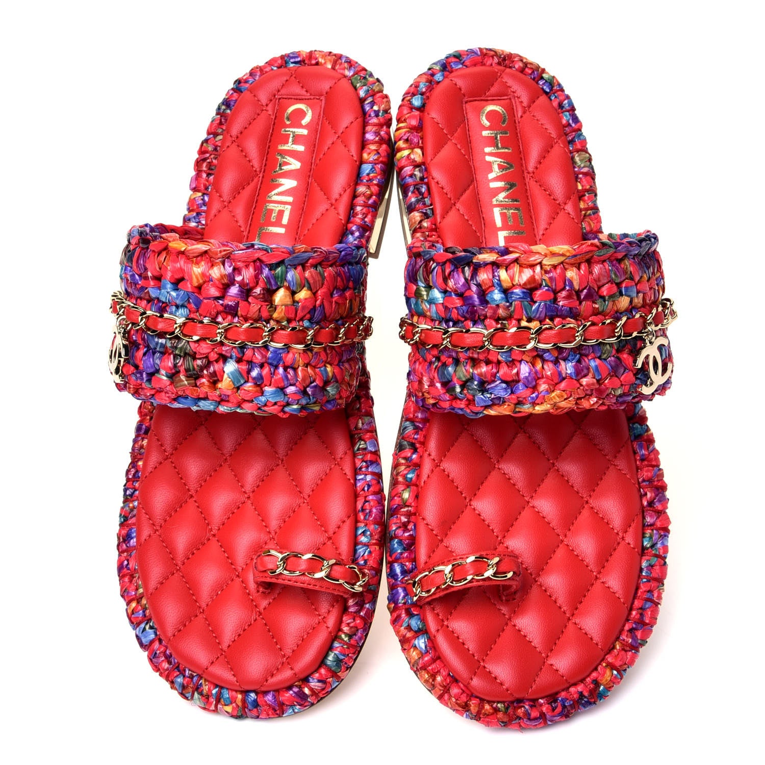 Chanel Raffia Lambskin Woven Chain CC Toe Ring Sandals 36.5 Red Multicolor 5 of 10