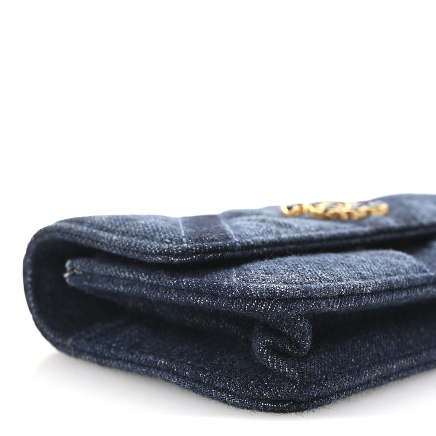 Denim Quilted Chanel 19 Flap Phone Holder With Chain Blue