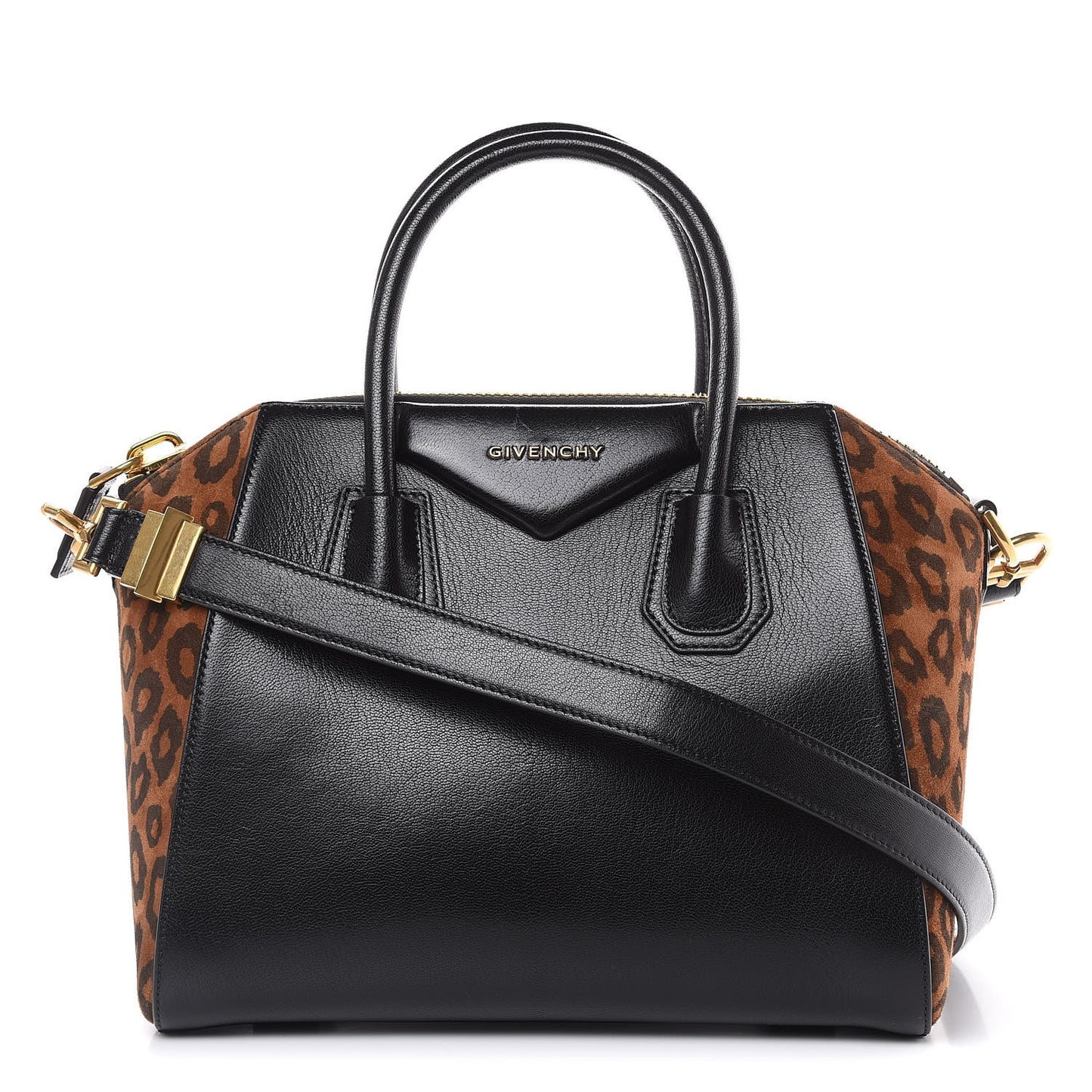 Goatskin Suede Leopard Print Small Antigona Black Chestnut