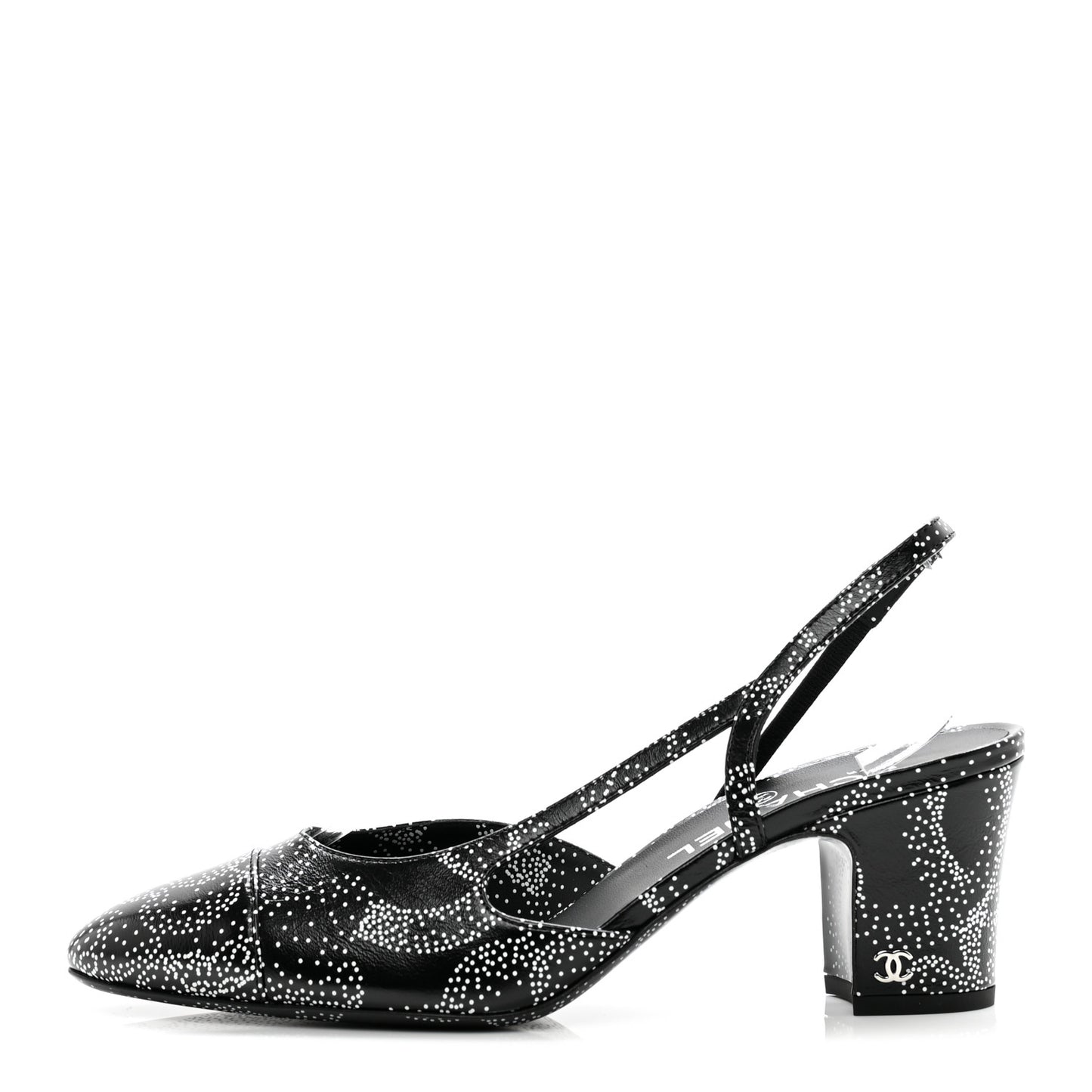 Calfskin Camellia Printed Cap Toe CC Slingback Pumps 39.5 Black White