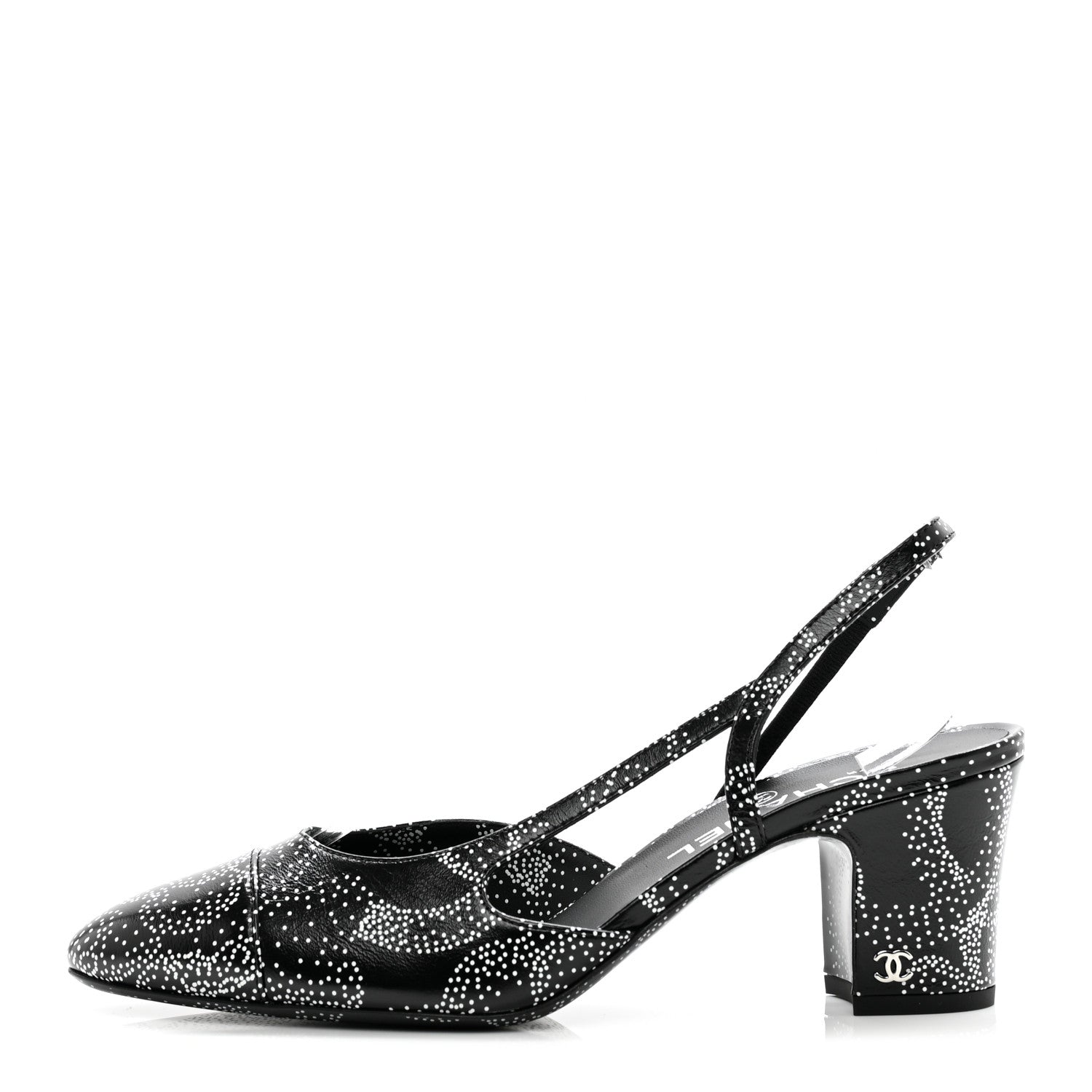 Chanel Calfskin Camellia Printed Cap Toe CC Slingback Pumps 39.5 Black White 1 of 9