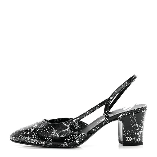 Calfskin Camellia Printed Cap Toe CC Slingback Pumps 39.5 Black White