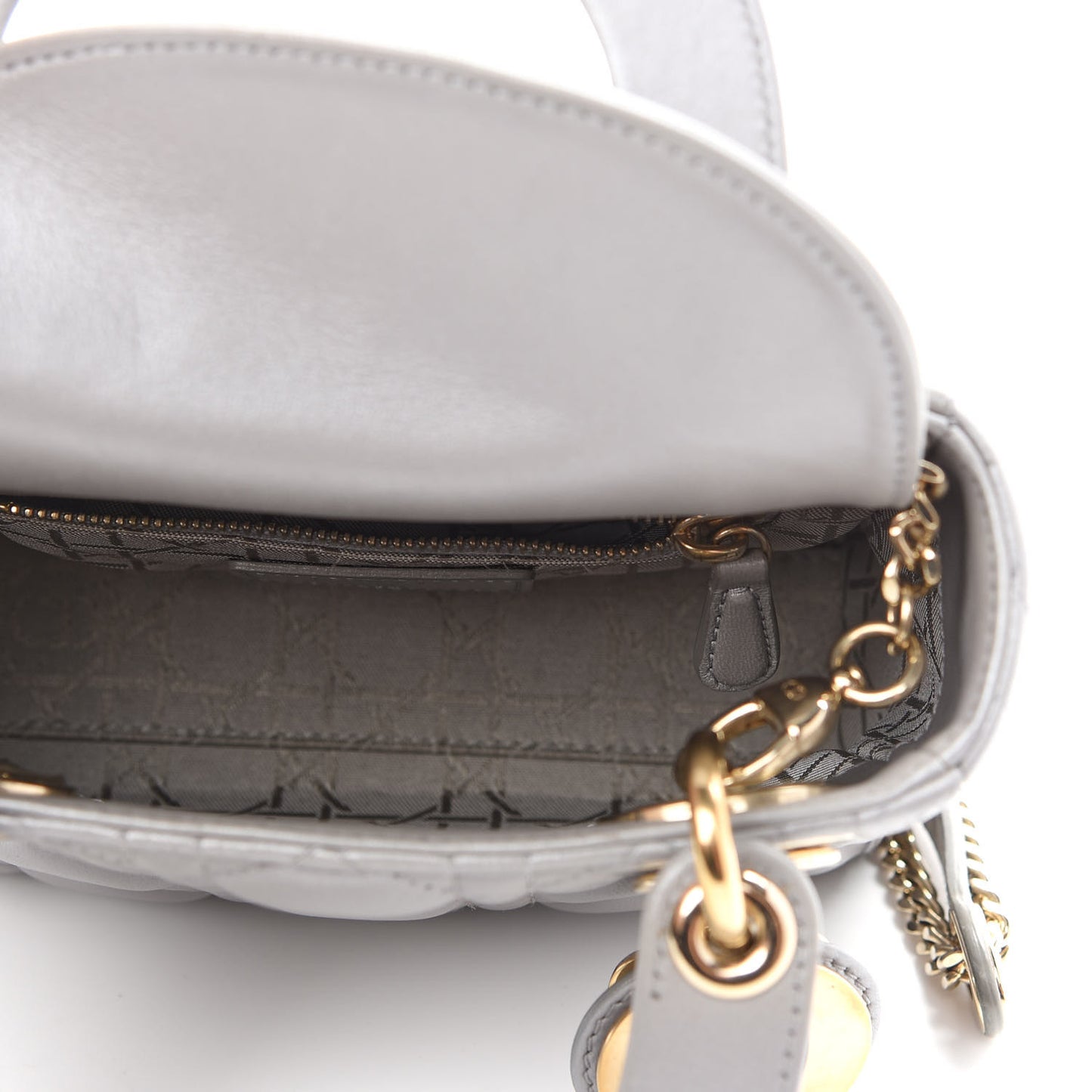 Metallic Lambskin Cannage Mini Lady Dior Grey