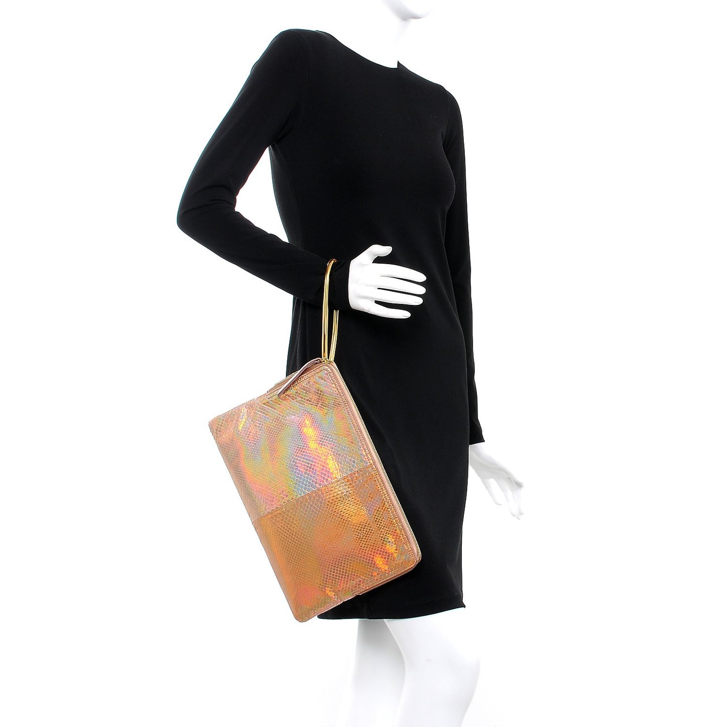 Laminated Holographic Python Zipped Clutch Rose