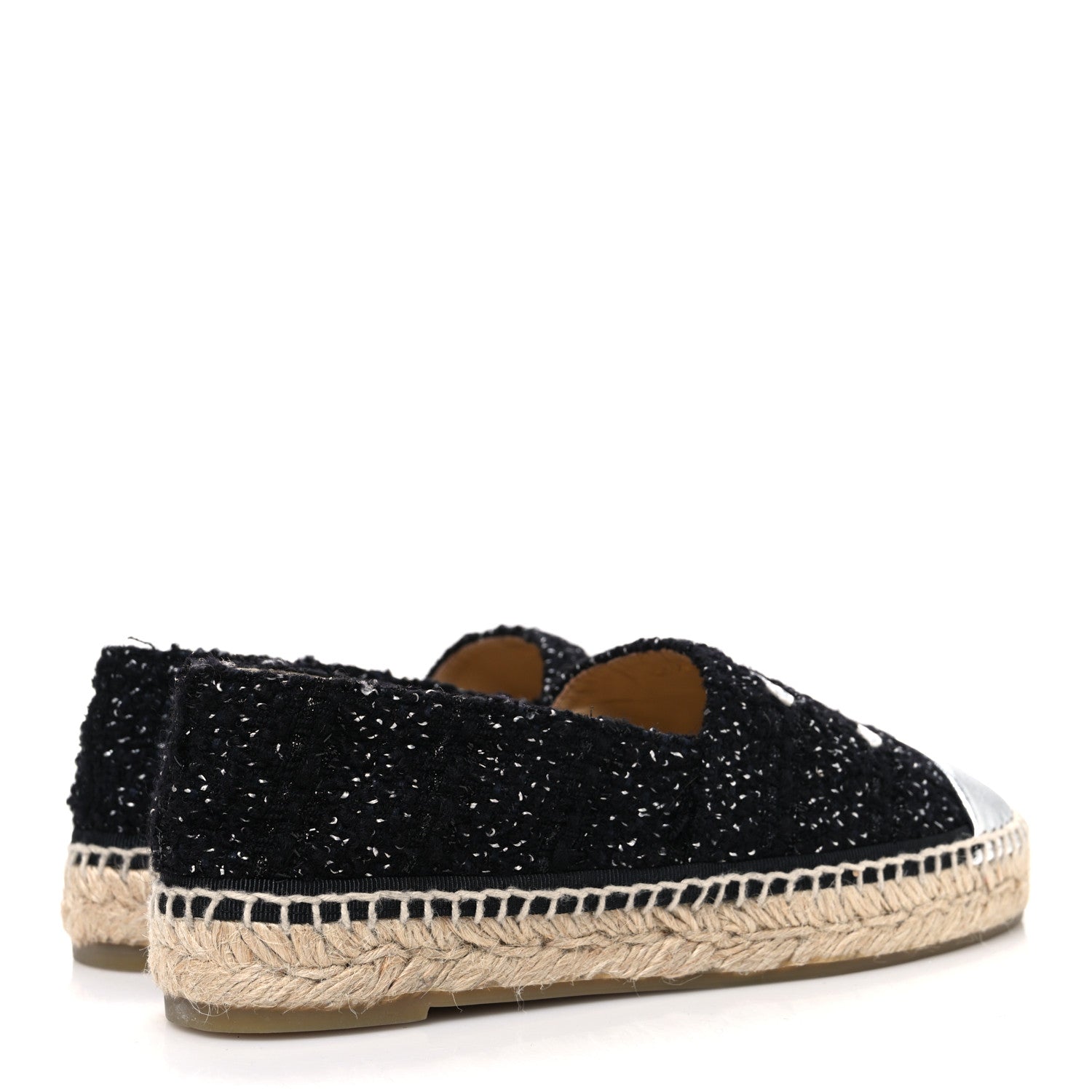 Chanel Laminated Lambskin Tweed CC Espadrilles 37 Black White Silver 5 of 11