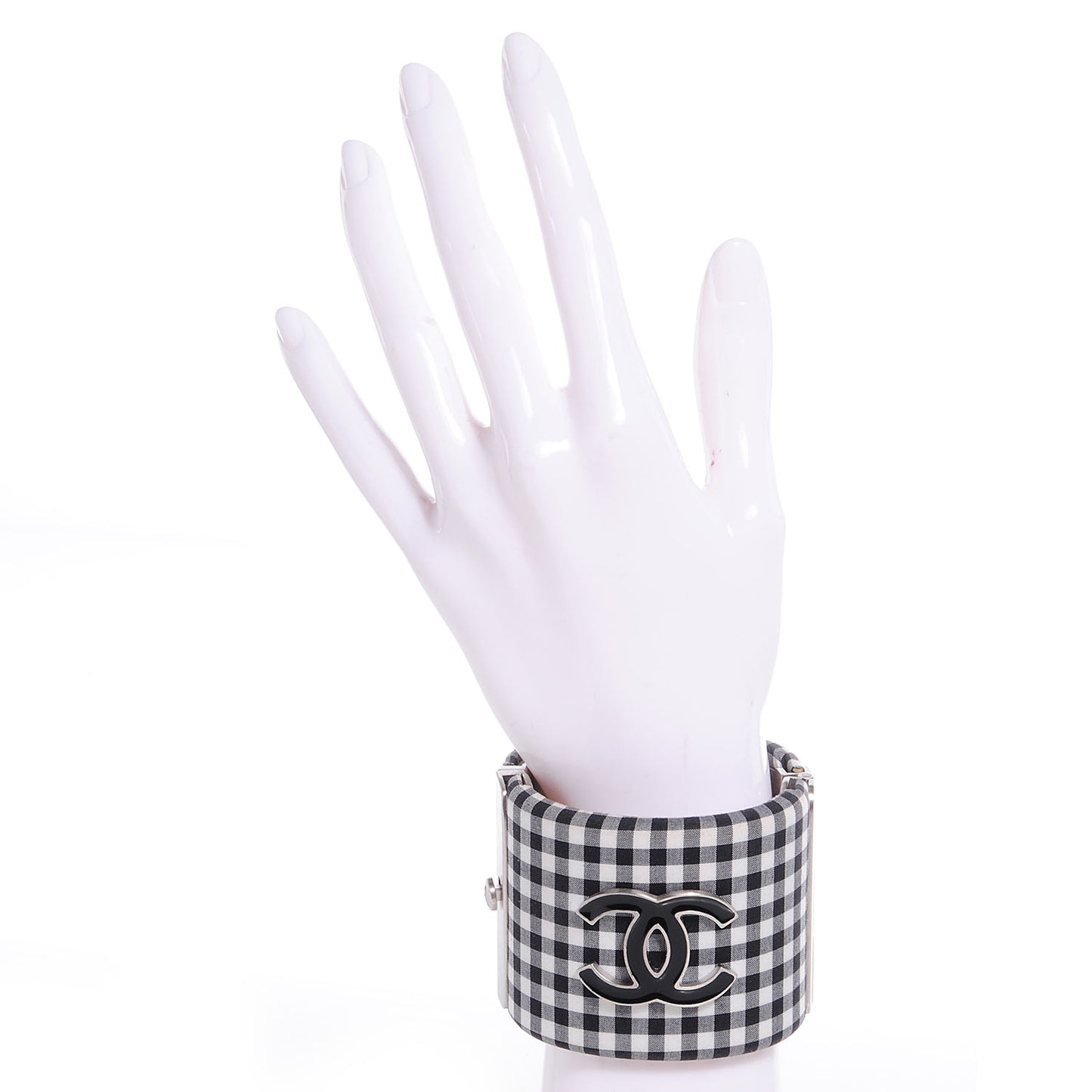 Fabric Metal Enamel Gingham CC Cuff Black White