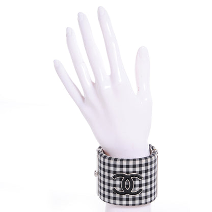 Chanel Fabric Metal Enamel Gingham CC Cuff Black White 2 of 5