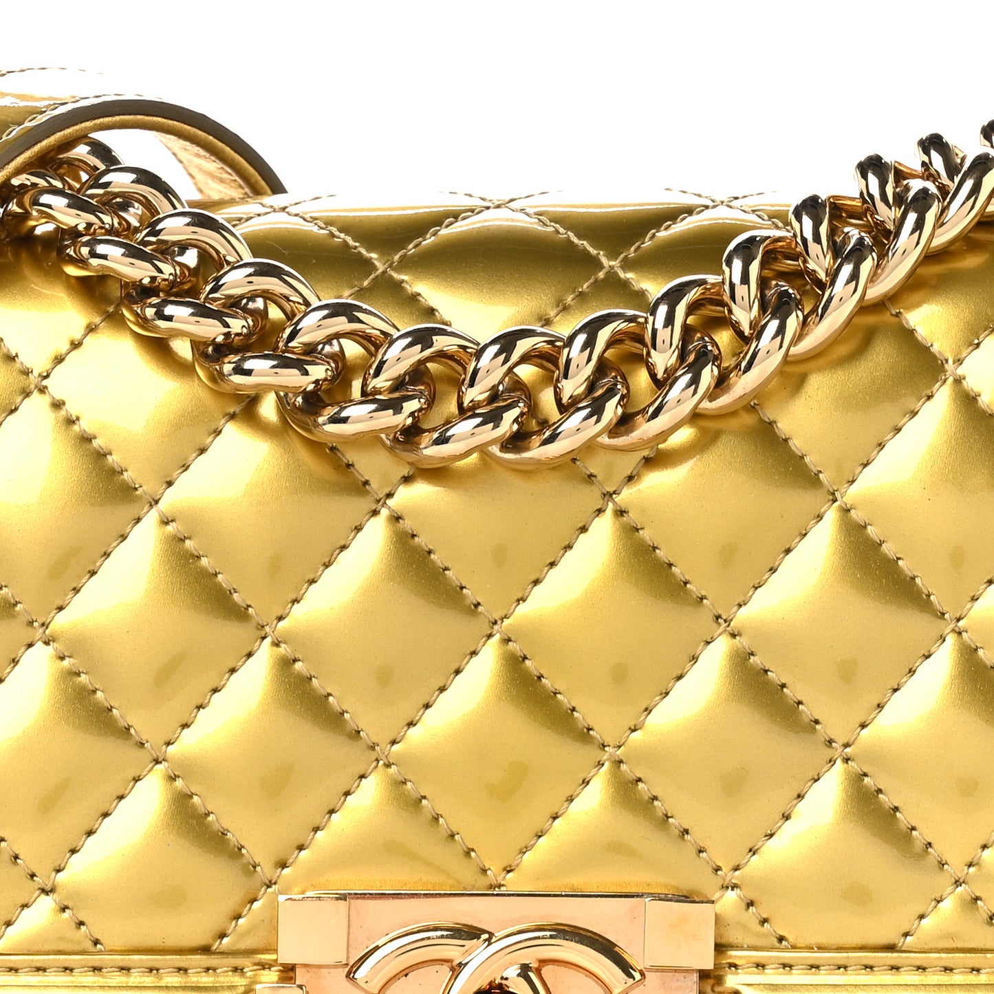 Metallic Patent Calfskin Quilted Small Boy Flap Gold