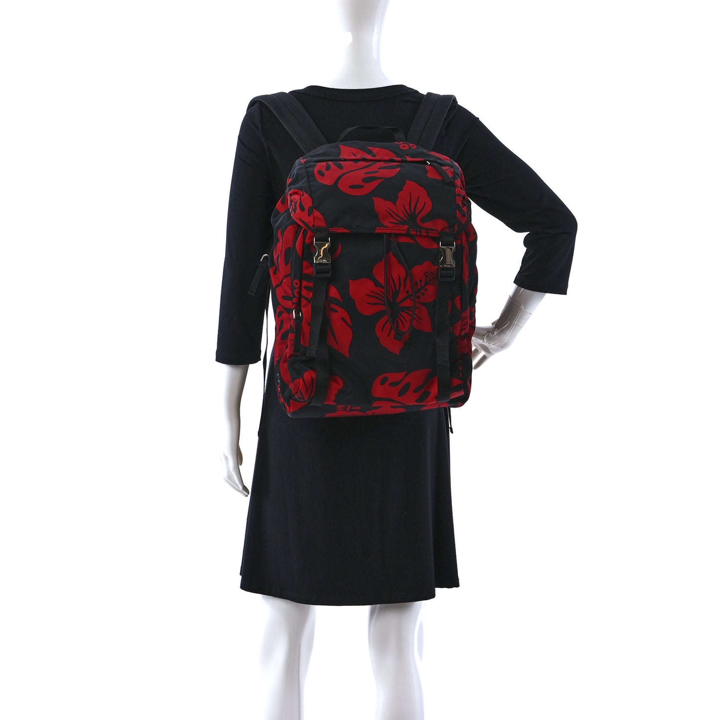 Tessuto Hibiscus Print Double Buckle Backpack Black Rosso
