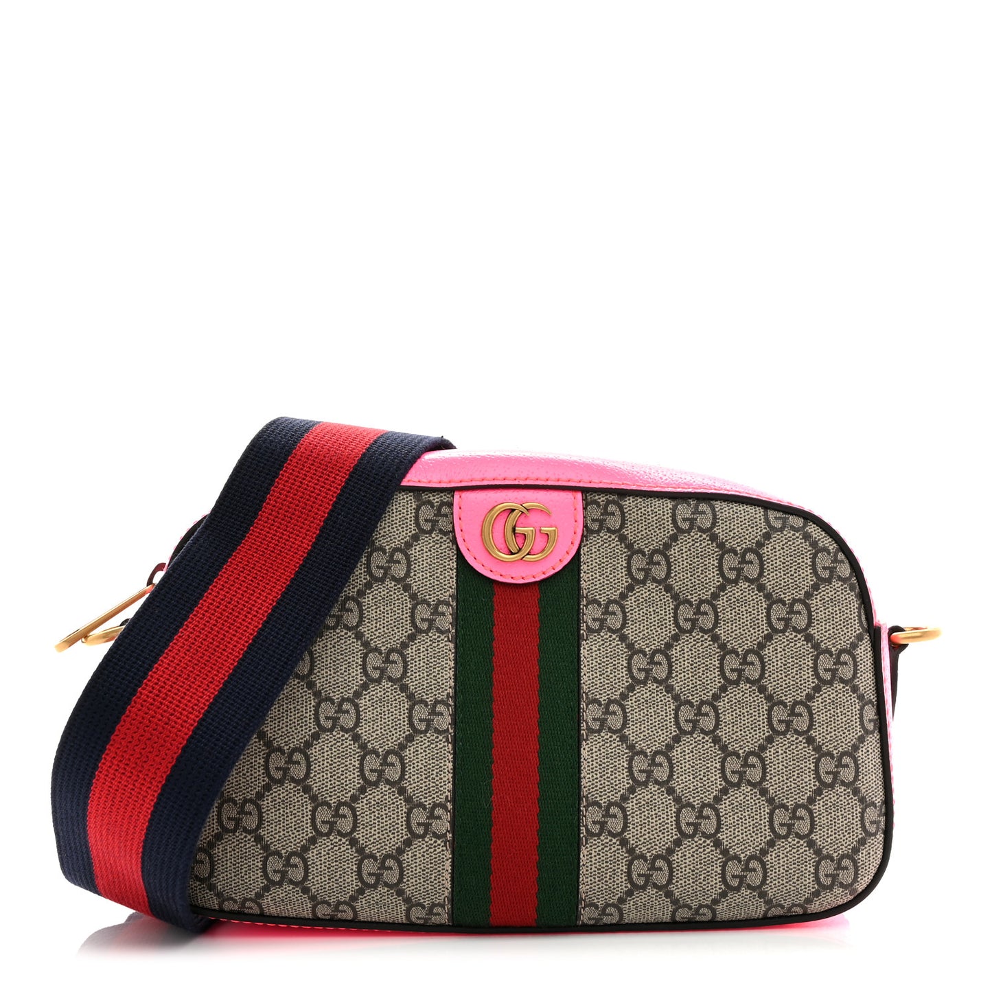 GG Supreme Monogram Textured Dollar Calfskin Web Ophidia Small Crossbody Bag Beige Ebony Fuchsia
