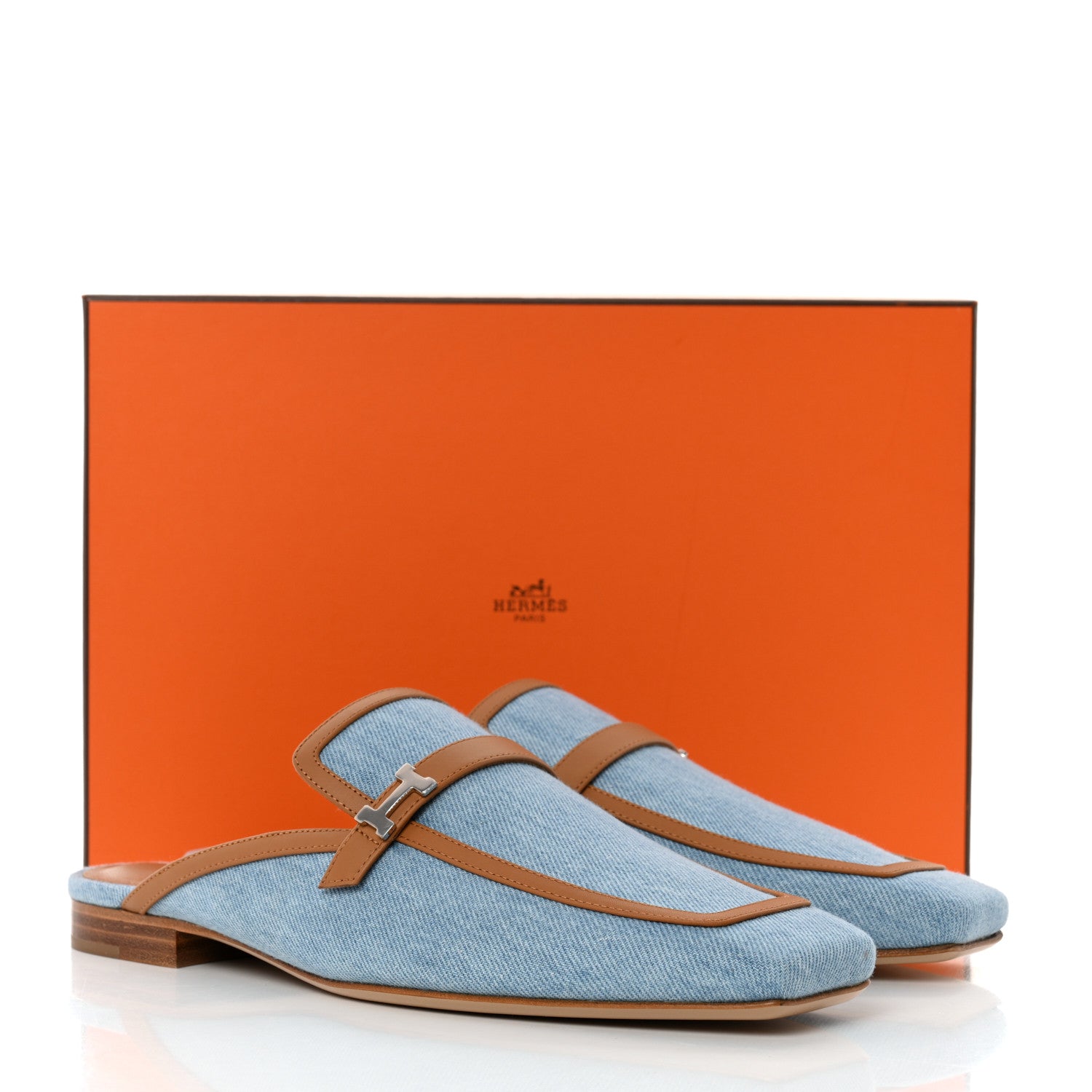 Hermes Denim Calfskin Groupie Mules 40 Bleu Clair Naturel 9 of 9