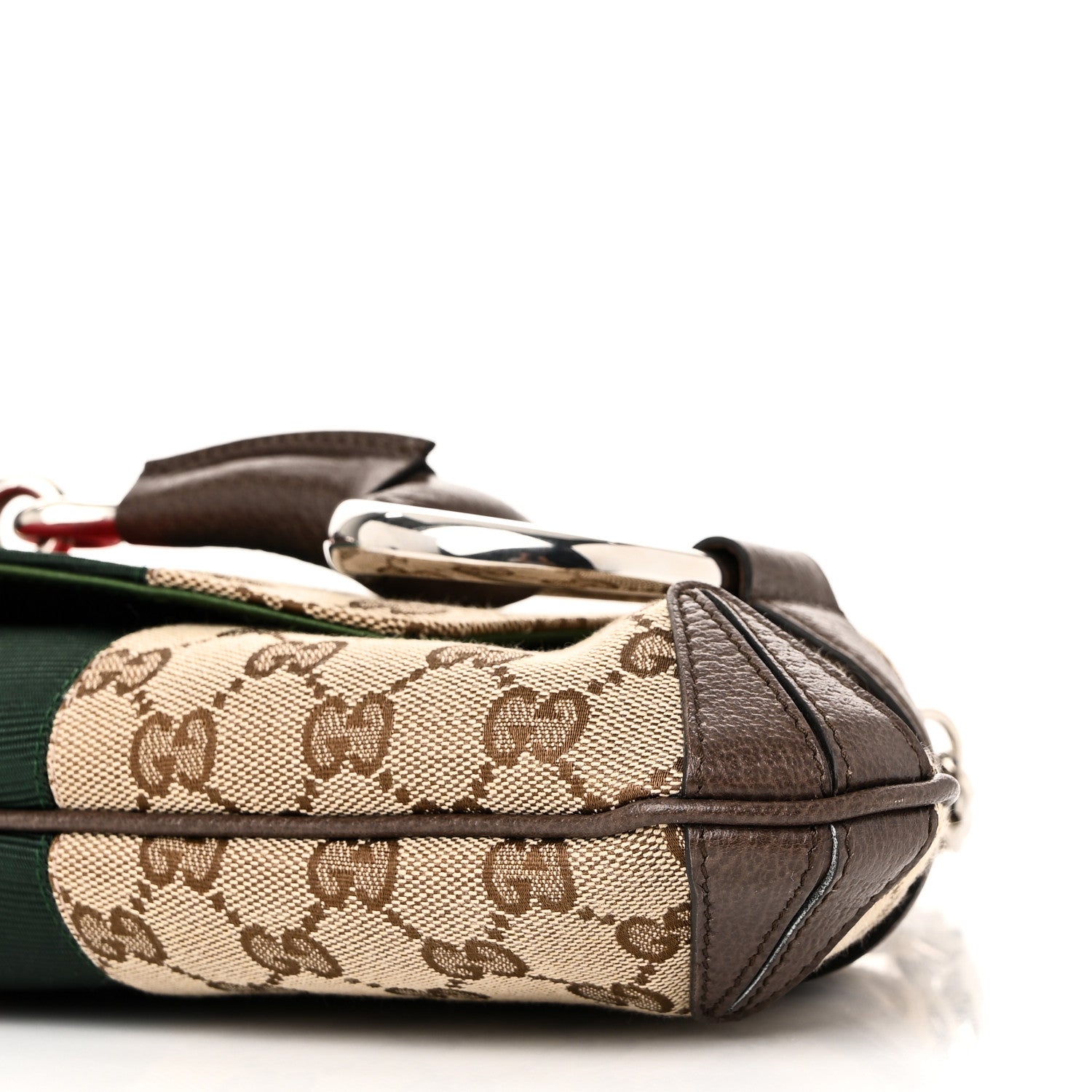 Gucci Monogram Textured Dollar Calfskin Heavy Grosgrain Web Medium Maxi Horsebit Chain Shoulder Bag Beige Ebony New Acero 9 of 9