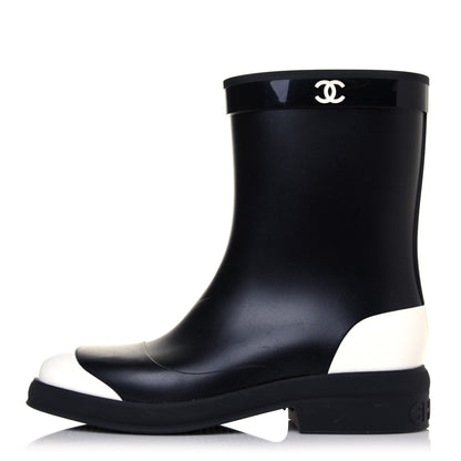 Chanel Rubber CC Short Rain Boots 39 Black White 1 of 8