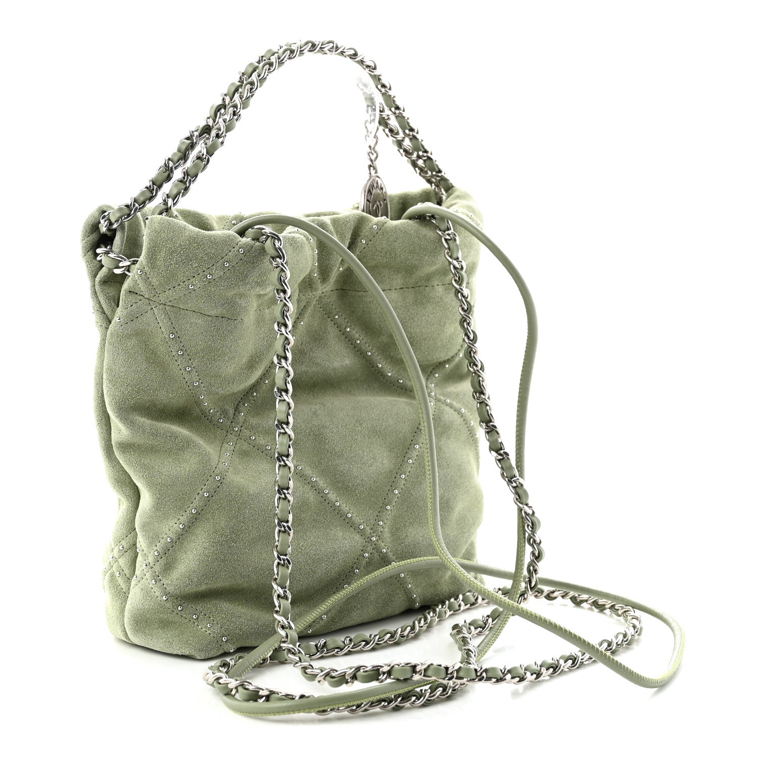 Chanel Suede Stitched Quilted Studded Mini Chanel 22 Light Green 3 of 10