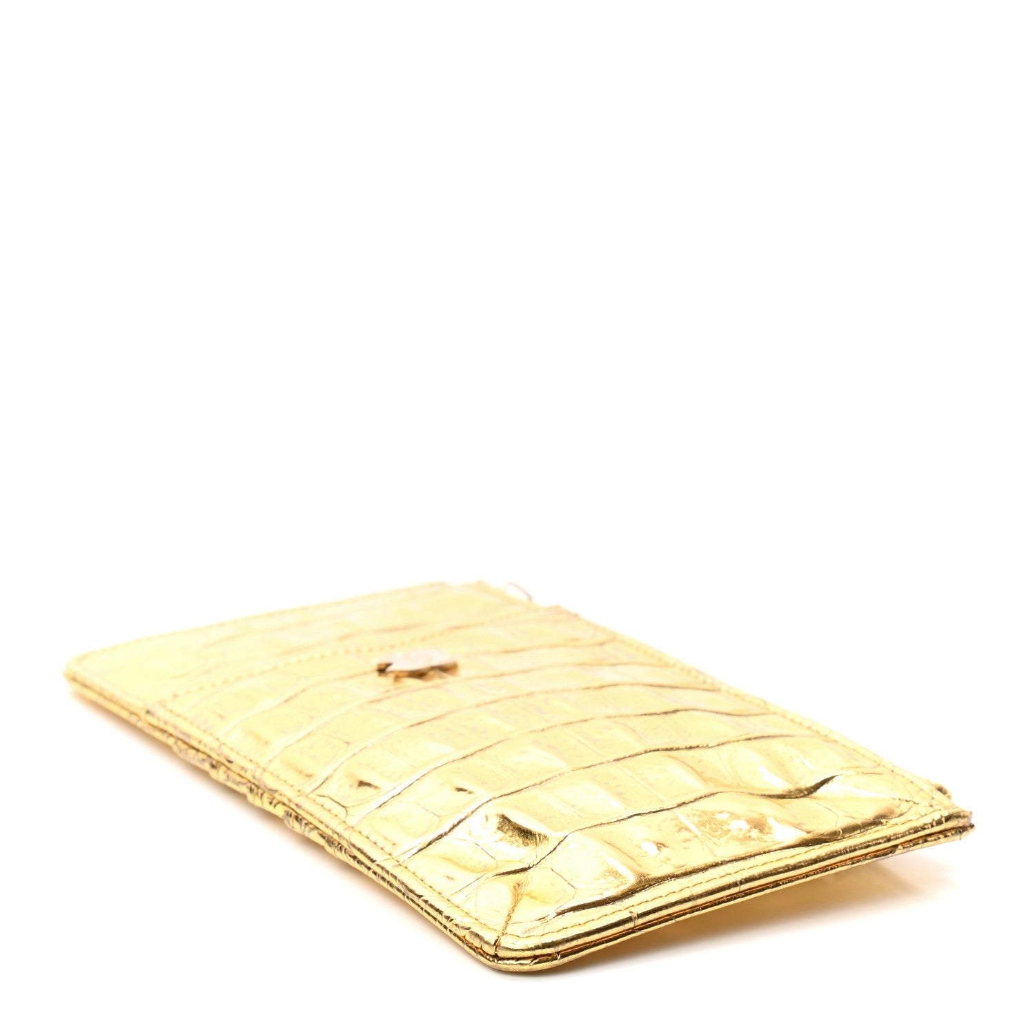 Chanel Metallic Calfskin Crocodile Embossed Cocodile Classic Flat Wallet Pouch Gold 4 of 7