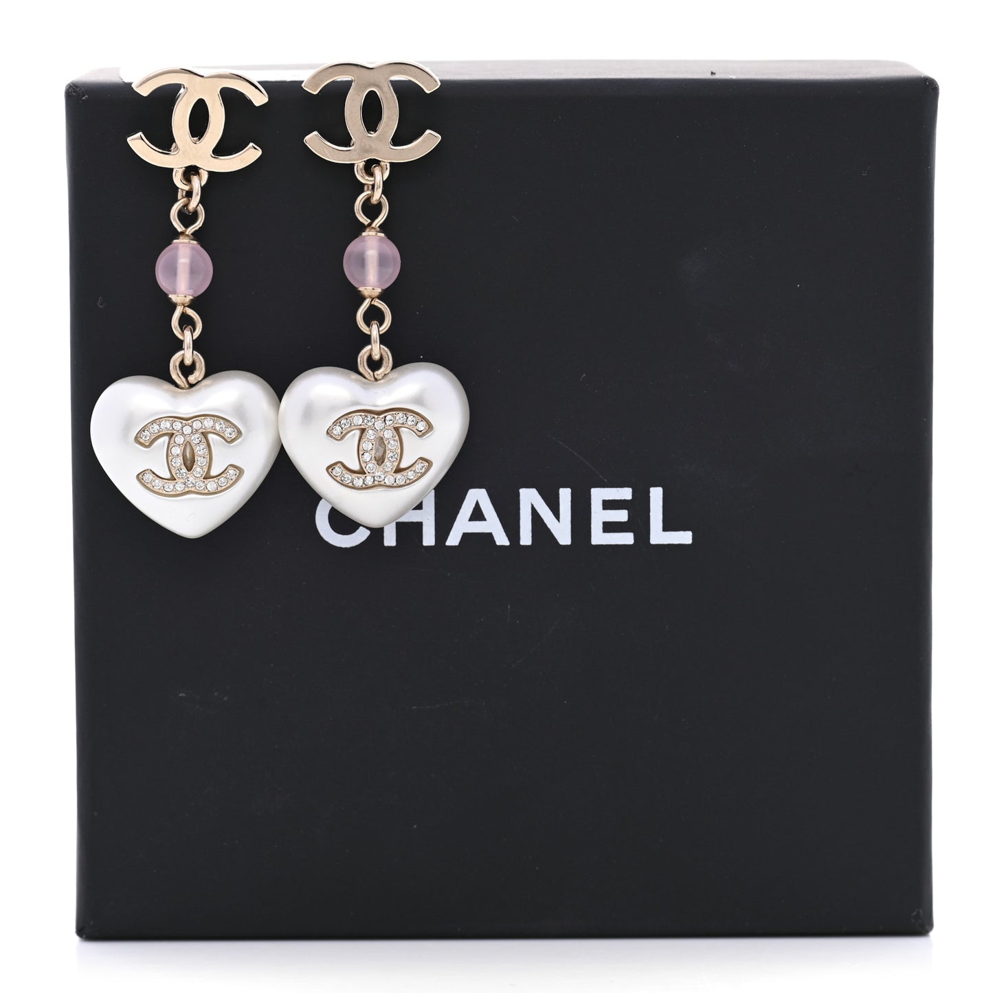 Metal Pearl Crystal Bead CC Heart Drop Earrings Pink Gold