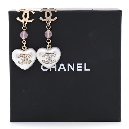 Chanel Metal Pearl Crystal Bead CC Heart Drop Earrings Pink Gold 5 of 5