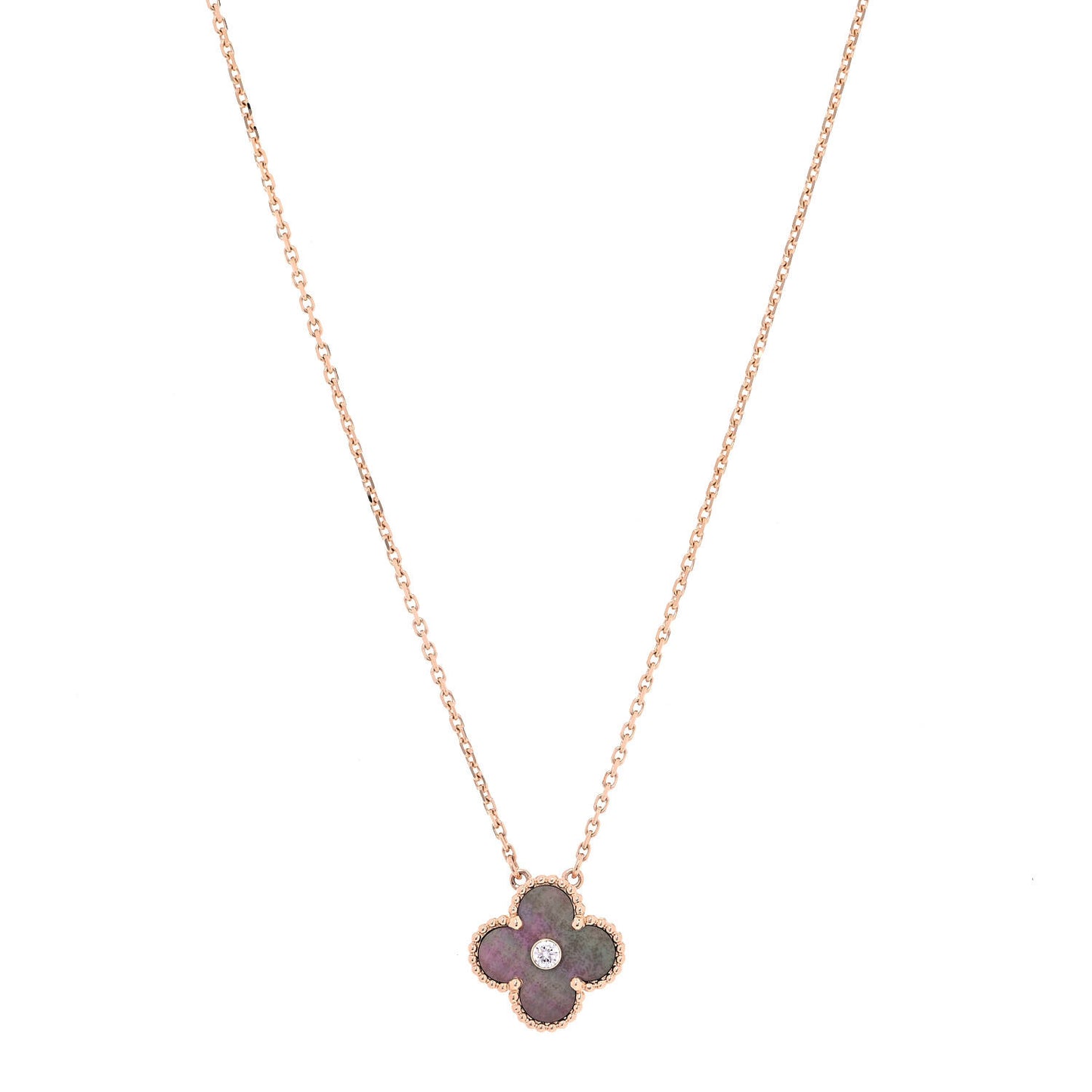 18K Rose Gold Diamond Grey Mother of Pearl Vintage Alhambra Pendant Necklace