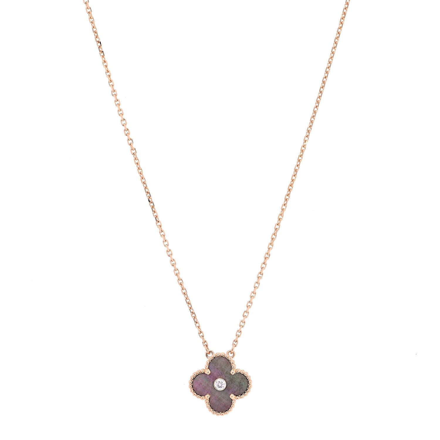 Van Cleef & Arpels 18K Rose Gold Diamond Grey Mother of Pearl Vintage Alhambra Pendant Necklace 1 of 7
