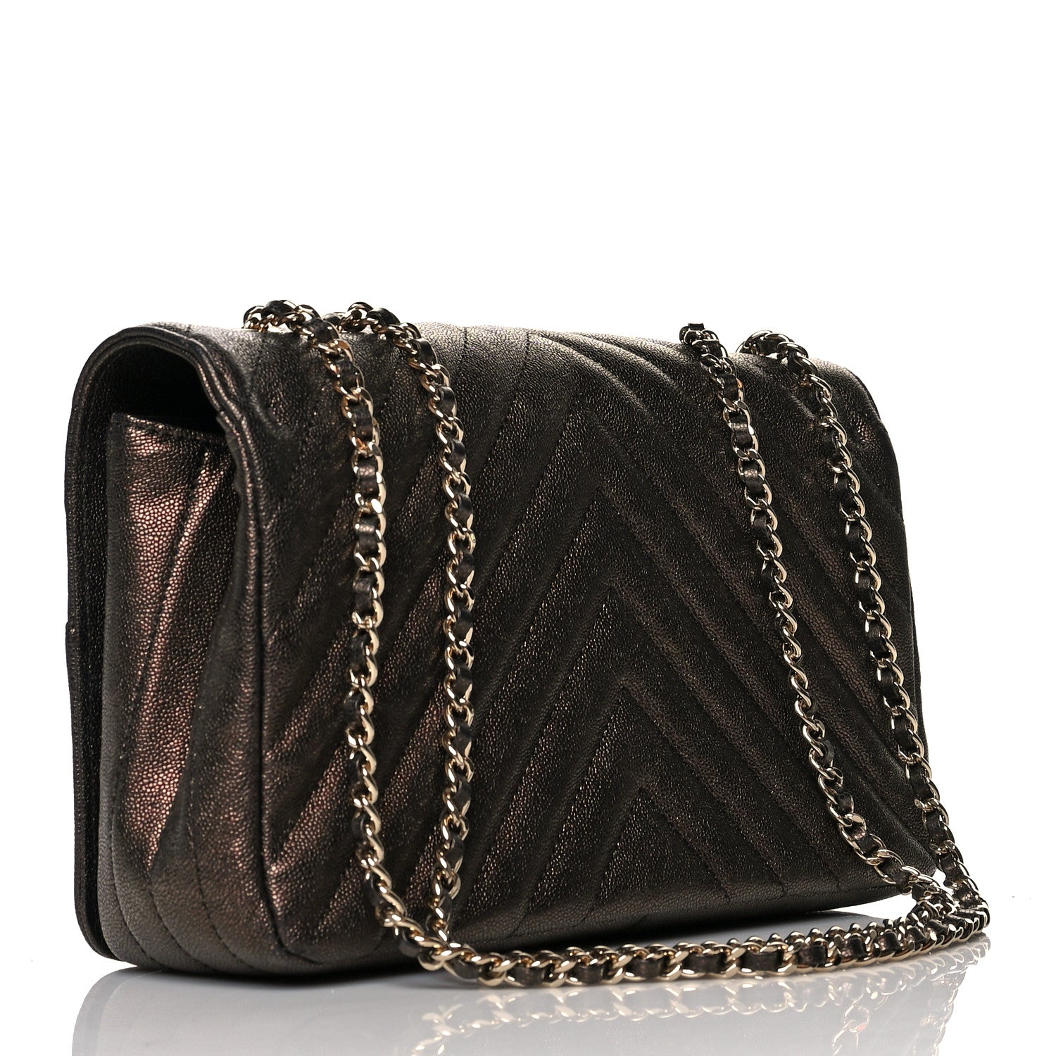 Chanel Metallic Caviar Chevron Quilted Medium Statement Flap Bronze 3 of 10