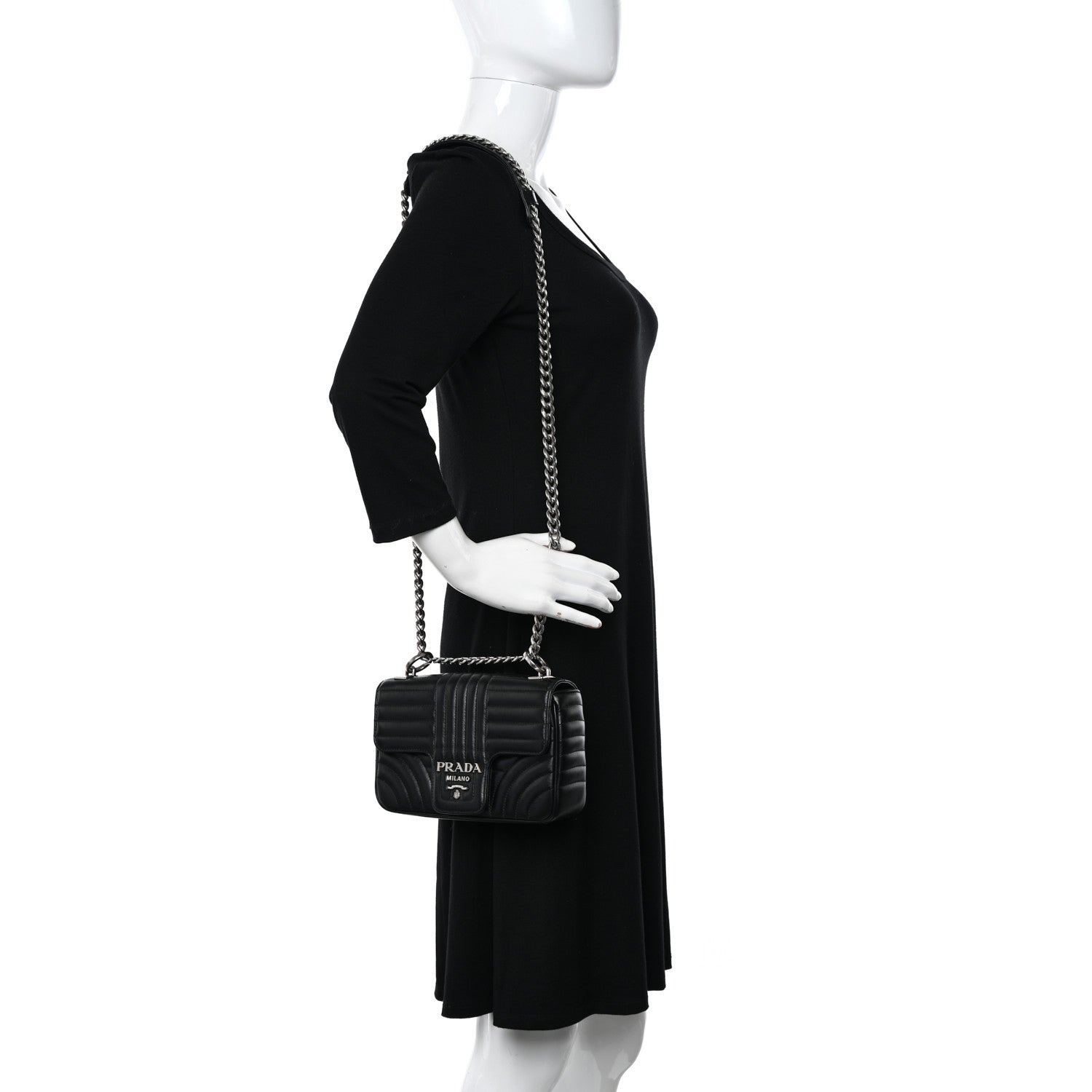 Prada Soft Calfskin Impunture Diagramme Small Chain Flap Shoulder Bag Black 2 of 11