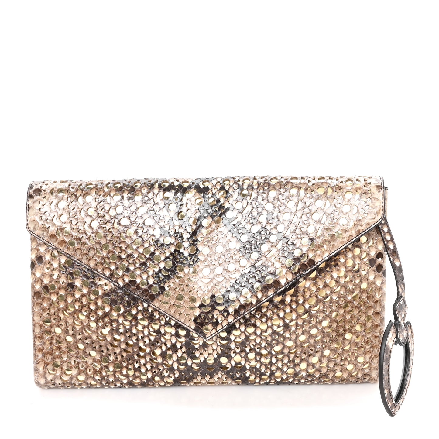 Snakeskin Laser Cut Envelope Clutch Beige Gold
