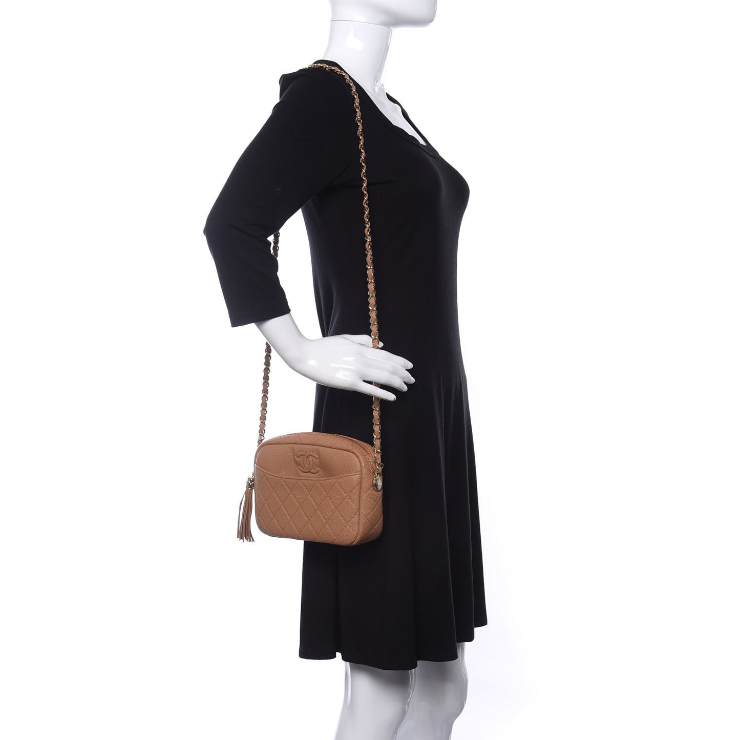 Caviar Quilted Coco Tassel Camera Case Beige