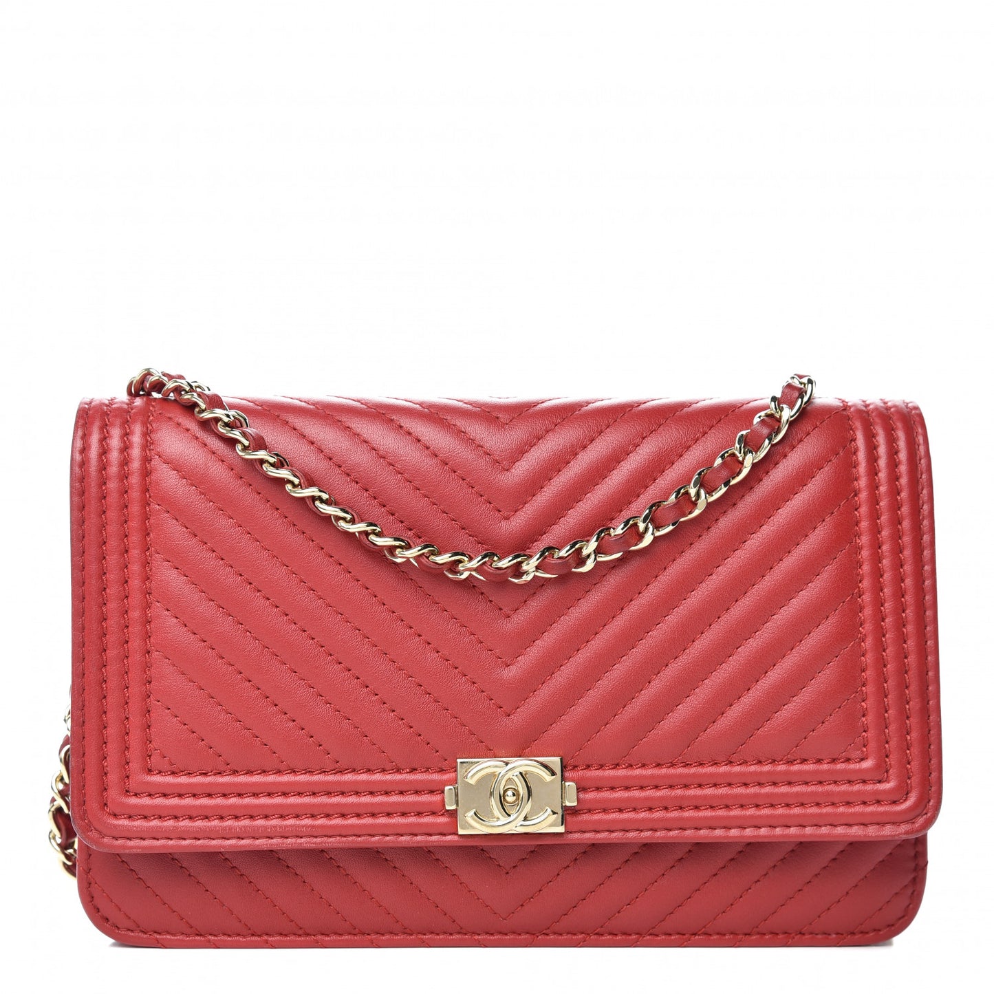 Lambskin Chevron Quilted Boy Wallet On Chain WOC Red