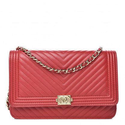 Chanel Lambskin Chevron Quilted Boy Wallet On Chain WOC Red 1 of 12