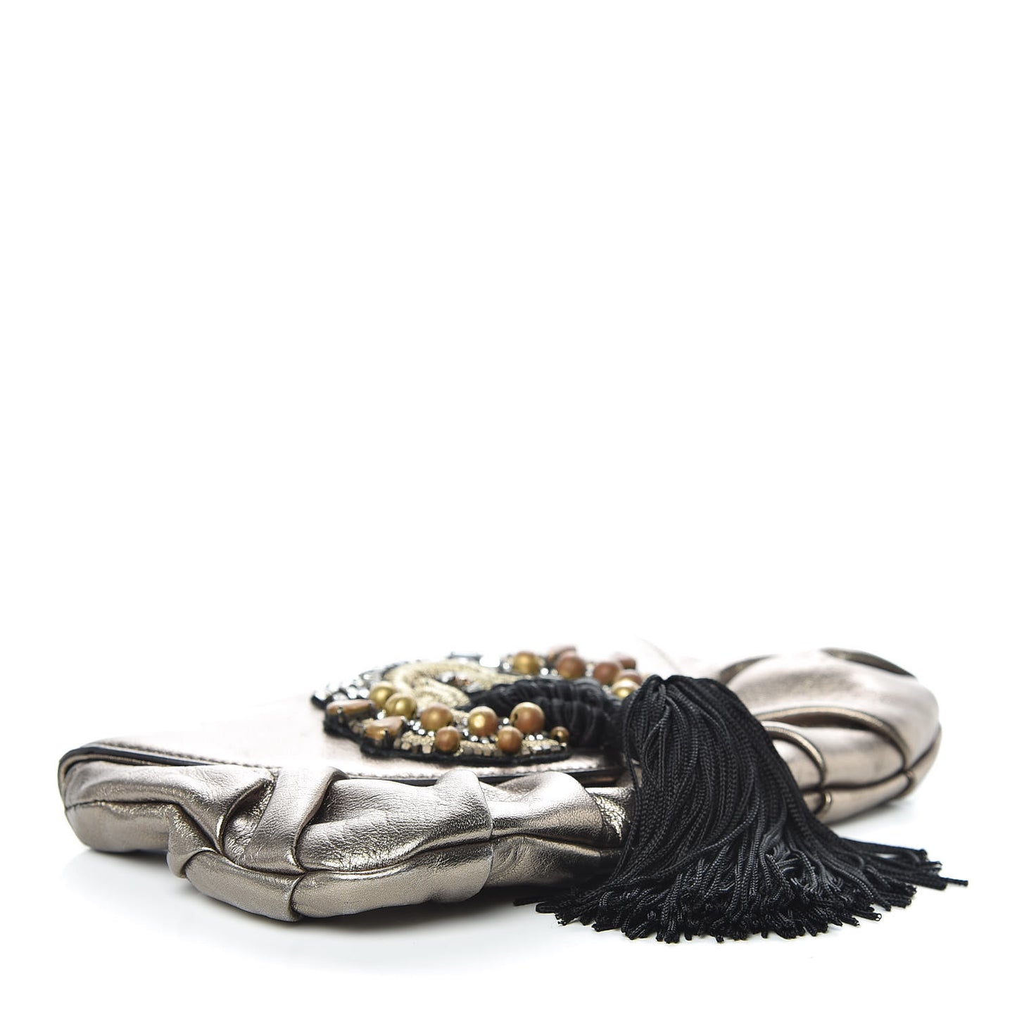 Metallic Calfskin Embellished Tassel Clutch Pewter