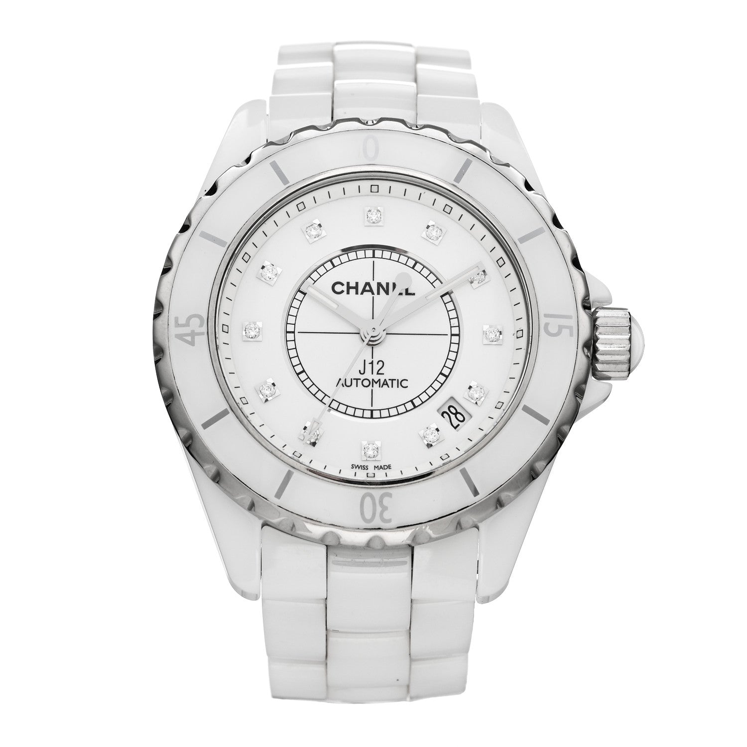 Chanel Stainless Steel Ceramic Diamond 38mm J12 Automatic Watch White 1 of 4