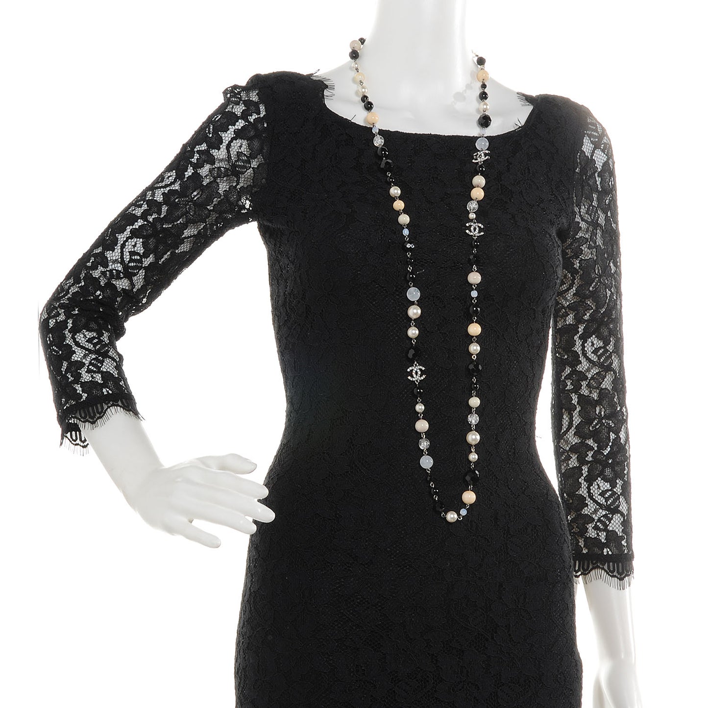 Pearl Crystal CC Beaded Long Necklace Silver