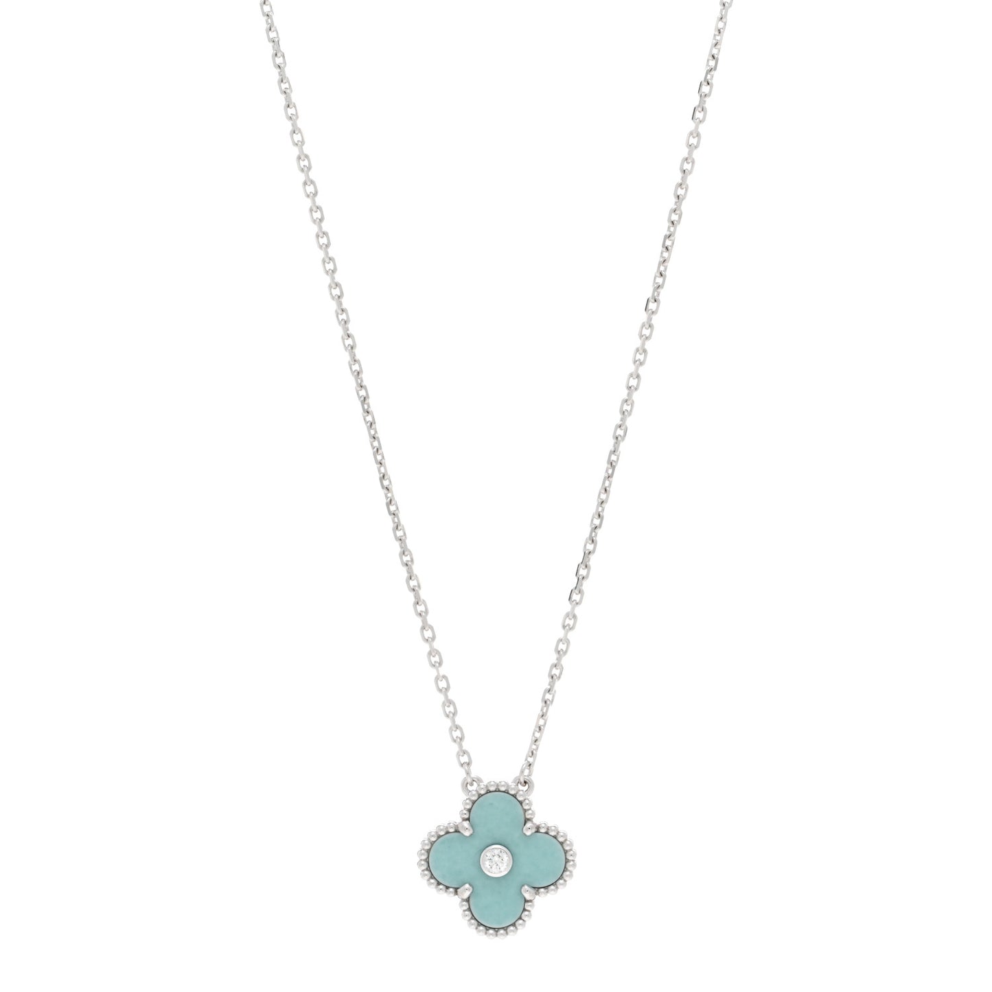 18K White Gold Diamond Celadon Green Sevres Porcelain Vintage Alhambra Pendant Necklace