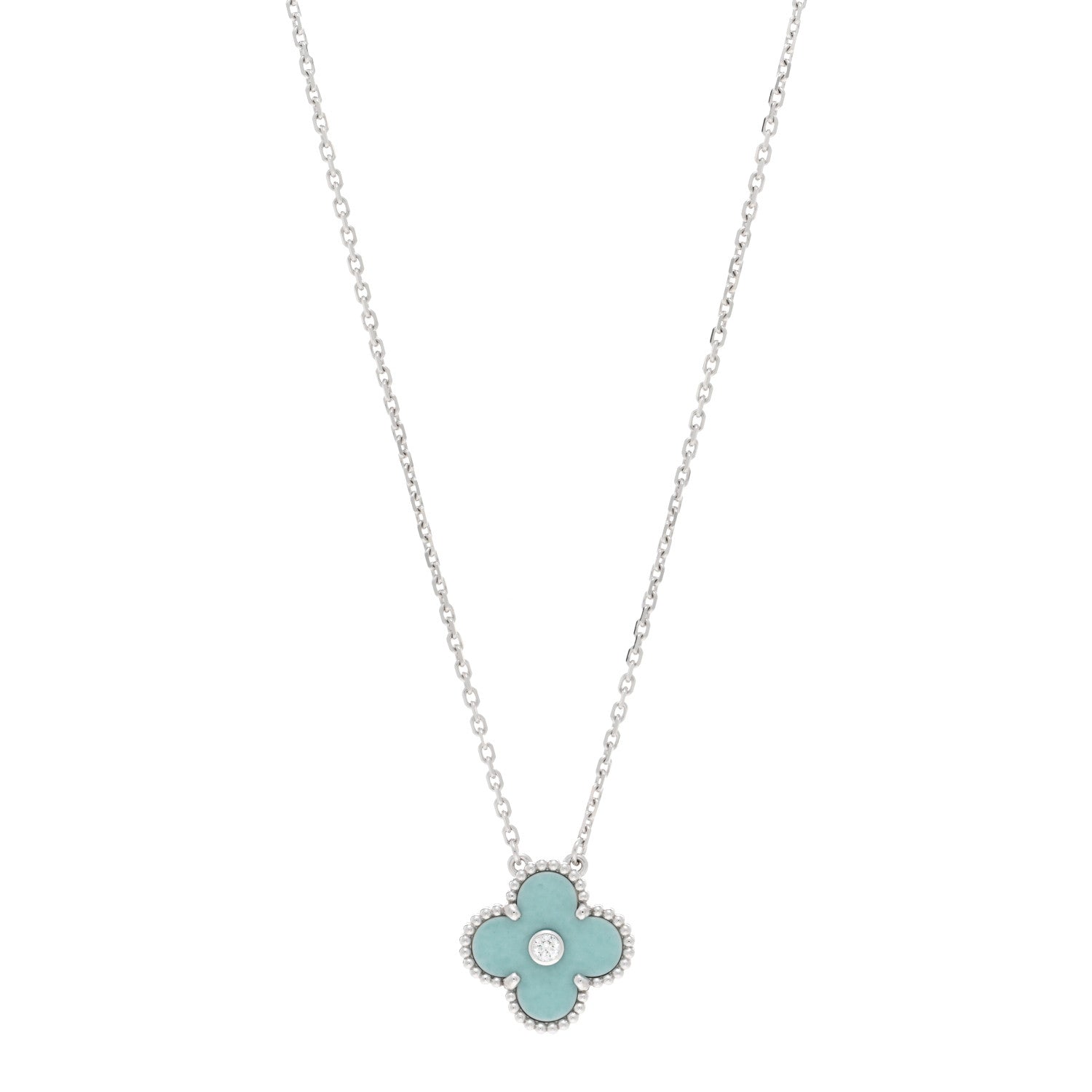 Van Cleef & Arpels 18K White Gold Diamond Celadon Green Sevres Porcelain Vintage Alhambra Pendant Necklace 1 of 5