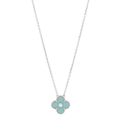 Van Cleef & Arpels 18K White Gold Diamond Celadon Green Sevres Porcelain Vintage Alhambra Pendant Necklace 1 of 5