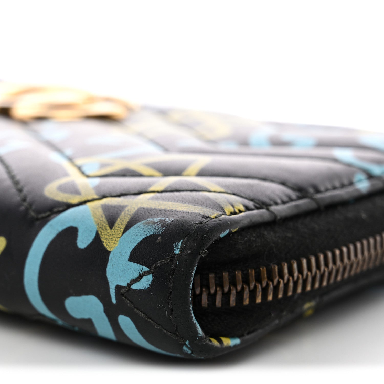 Gucci Calfskin Matelasse GucciGhost GG Marmont Zip Around Wallet Black New Acquamarine 5 of 13