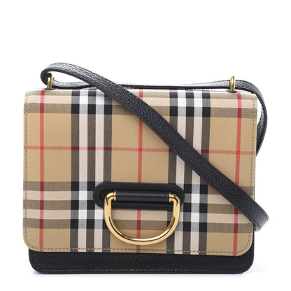Burberry Goatskin Cotton Canvas Vintage Check Small D-Ring Bag Black Antique Yellow 1 of 13